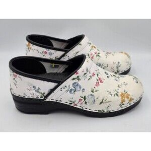 Bjork PRO Linnea Womens Leather White Floral Clogs Size EU 39-40 US 9